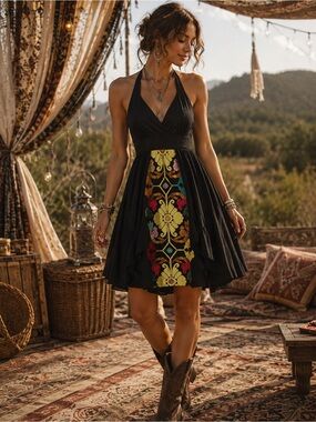 Anthropologie Floreat Black Halter Dress Colorful Floral Embroidery Poufy Cute 6